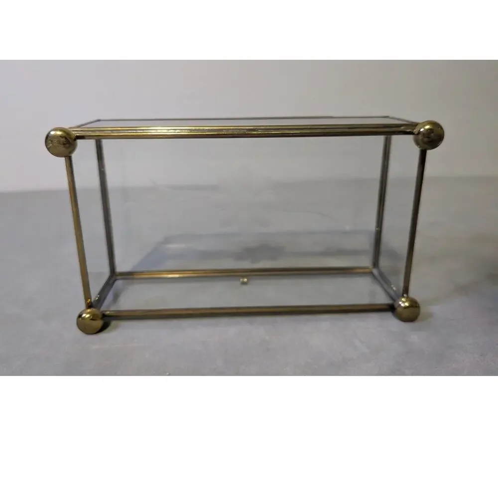 Vintage Brass & Glass Trinket Box Etched Floral Lid Jewelry Case Vanity Decor